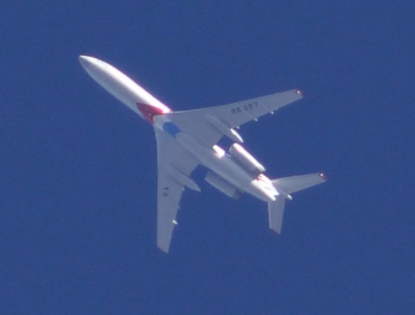 Caught this morning, this Tu154 RA-85057 passed overhead, turning right to a western heading. Great surprise.