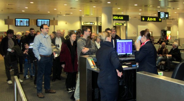 Our group at the gate, ready to board the bus