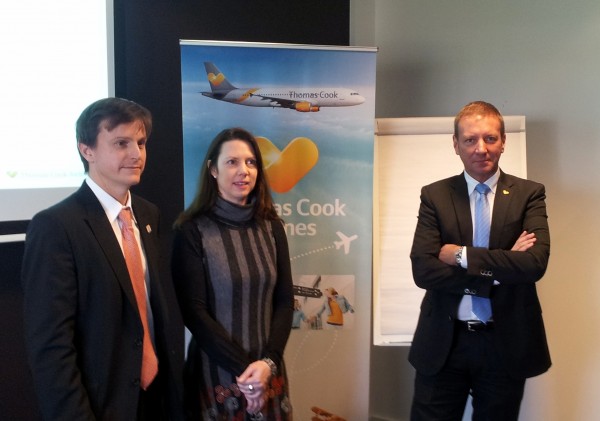 The Thomas Cook Airlines Belgium team, from left to right Bram Van Nieuwerburgh (head of network &amp; revenue management), Kate Croisier (head of sales &amp; marketing), Jean-Christophe Degen (general manager, captain A320)