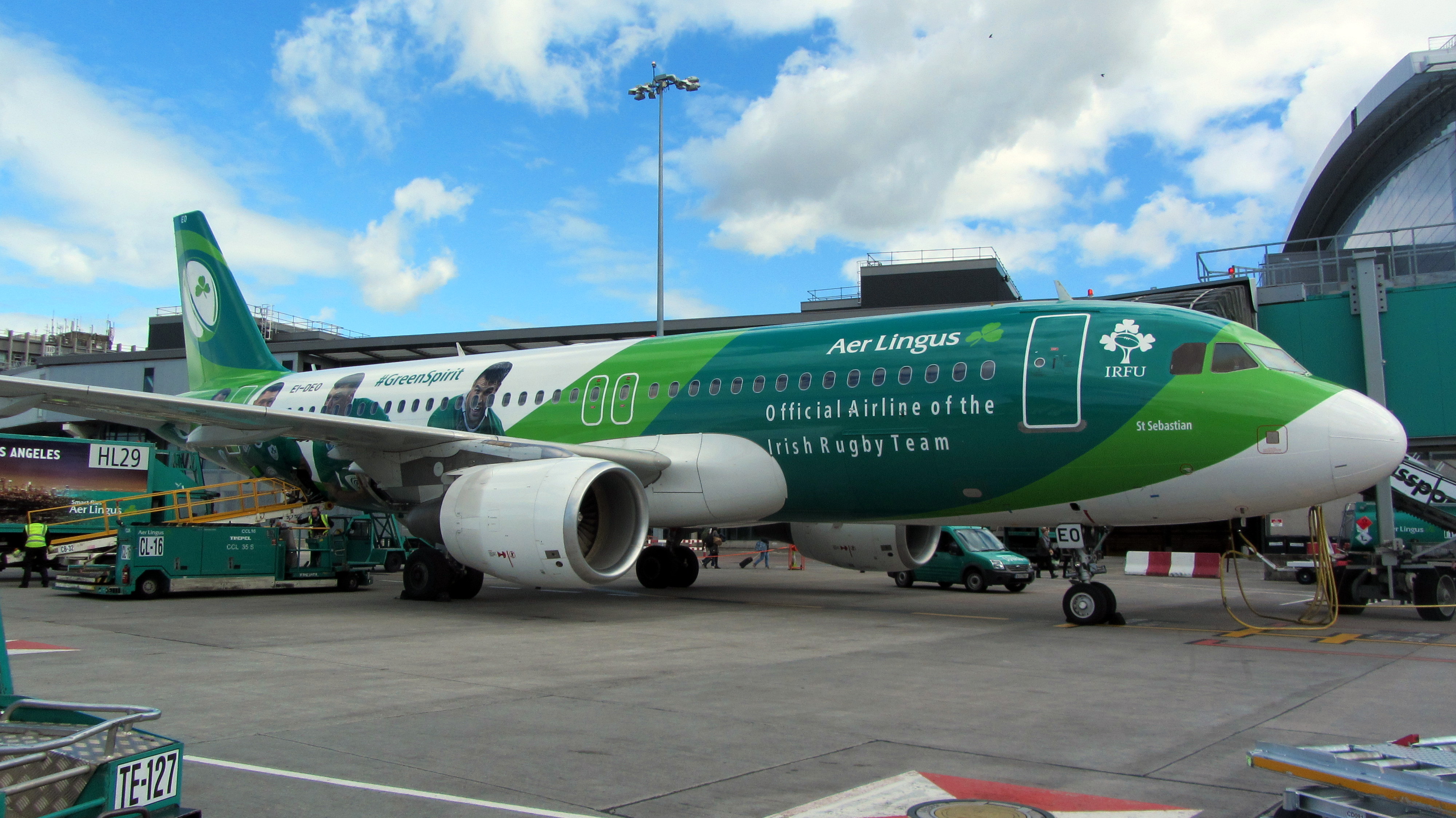 Arriving at gate together with sister aircraft Green Spirit promoting the Irish Rugby Team