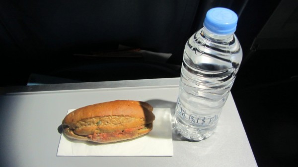 A free snack (a rarity nowadays): a tuna sandwich and water