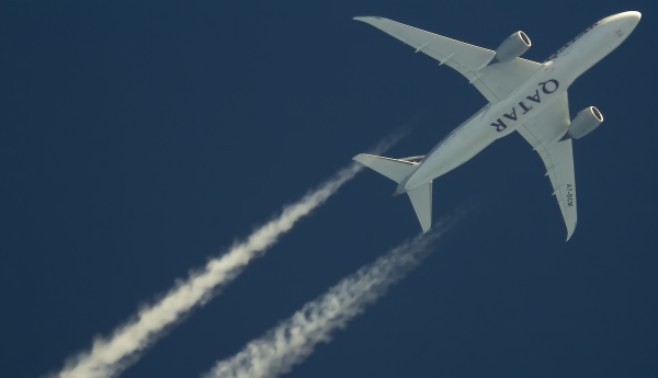 QATAR AIRWAYS BOEING 787 A7-BCM ROUTING CARDIFF--DOHA AS QTR324 AT 39,000FT.