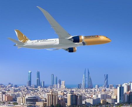 787; Gulf Air; Air to Air over Abu Dhabi; Gold white and Blue Livery; View from lower right side; K66494