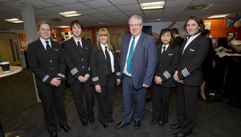 RT HON PATRICK McLOUGHLIN MP (SEC OF STATE FOR TRANSPORT) SPEAKS TO FEMALE PILOTS AT EASYJET HEADQUATERS,HANGAR 89,LUTON AIRPORT. (L-R)easyJet Pilots Kate Newton, Zoe Ebrey,Caroline Allbury, Patrick McLoughlin (Transport Minister),Joyce Hart and Marnie Munns