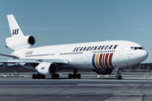 SAS DC-10-30, Dag Viking SE-DFD, on the ground, at the airport. 1980s