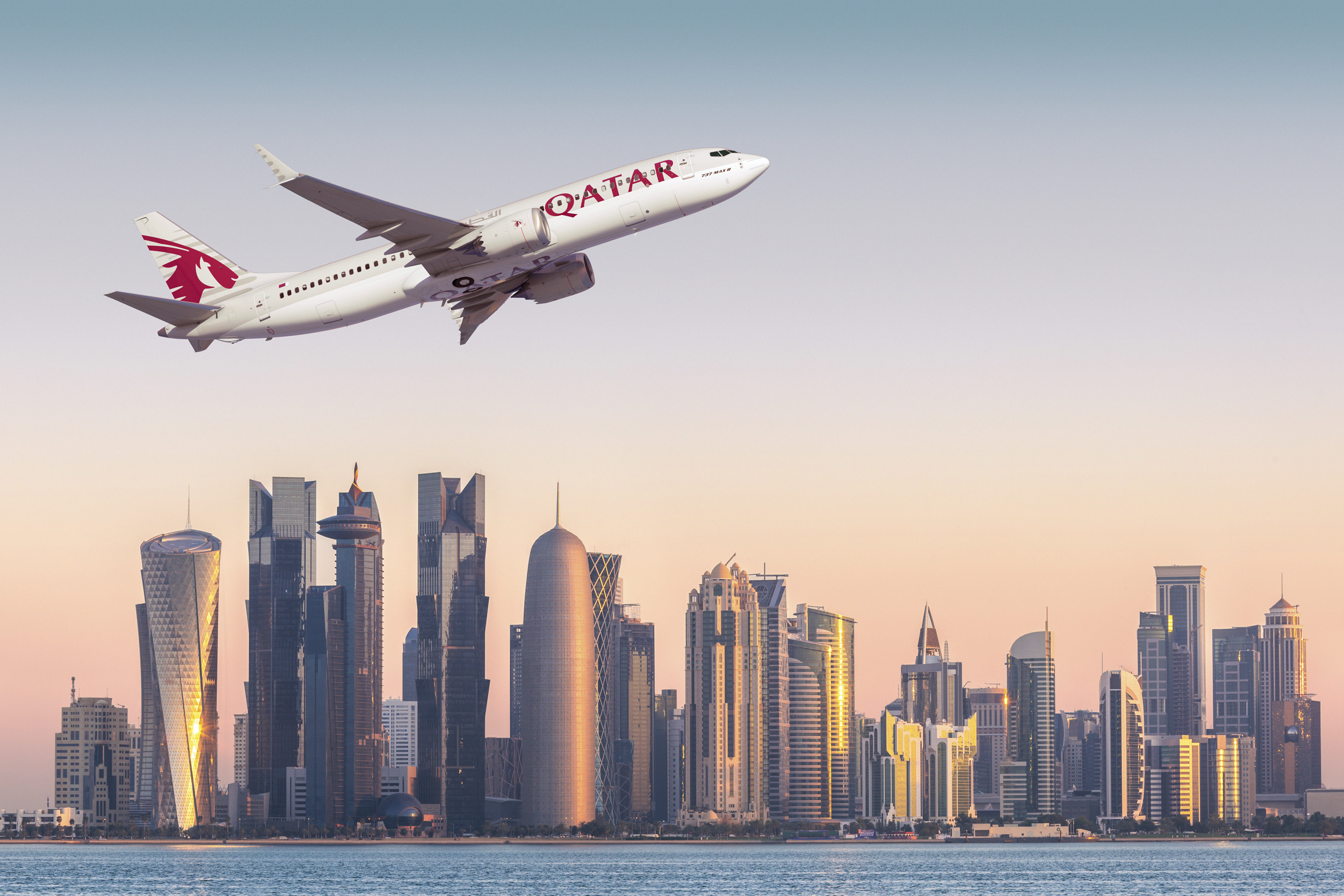Doha financial center skyline at sunrise, Qatar.