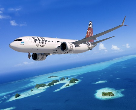 737-8 Max; 737; Fiji Airways; Rendering; over Tropical Ocean; View from low right side; K66590