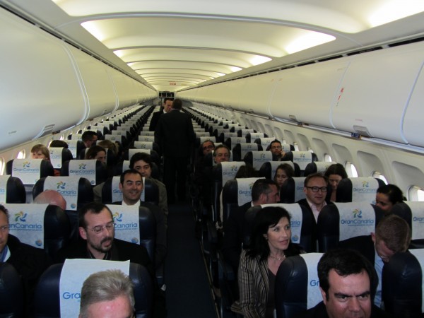 Inside the plane, ready for the press conference