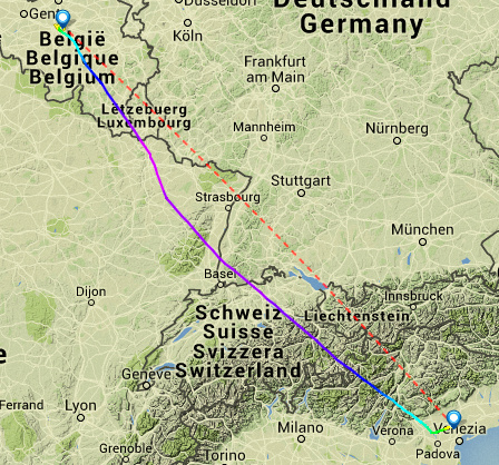 Itinerary of FR2935 BRU-TSF on 7/08/2015